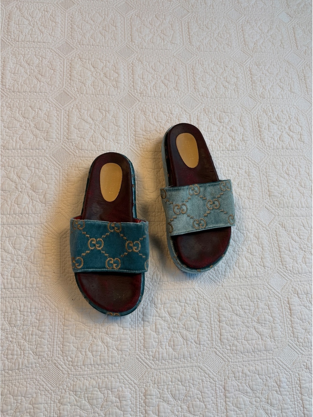 Gucci Blue Velvet GG Logo Slide Sandals Size 8